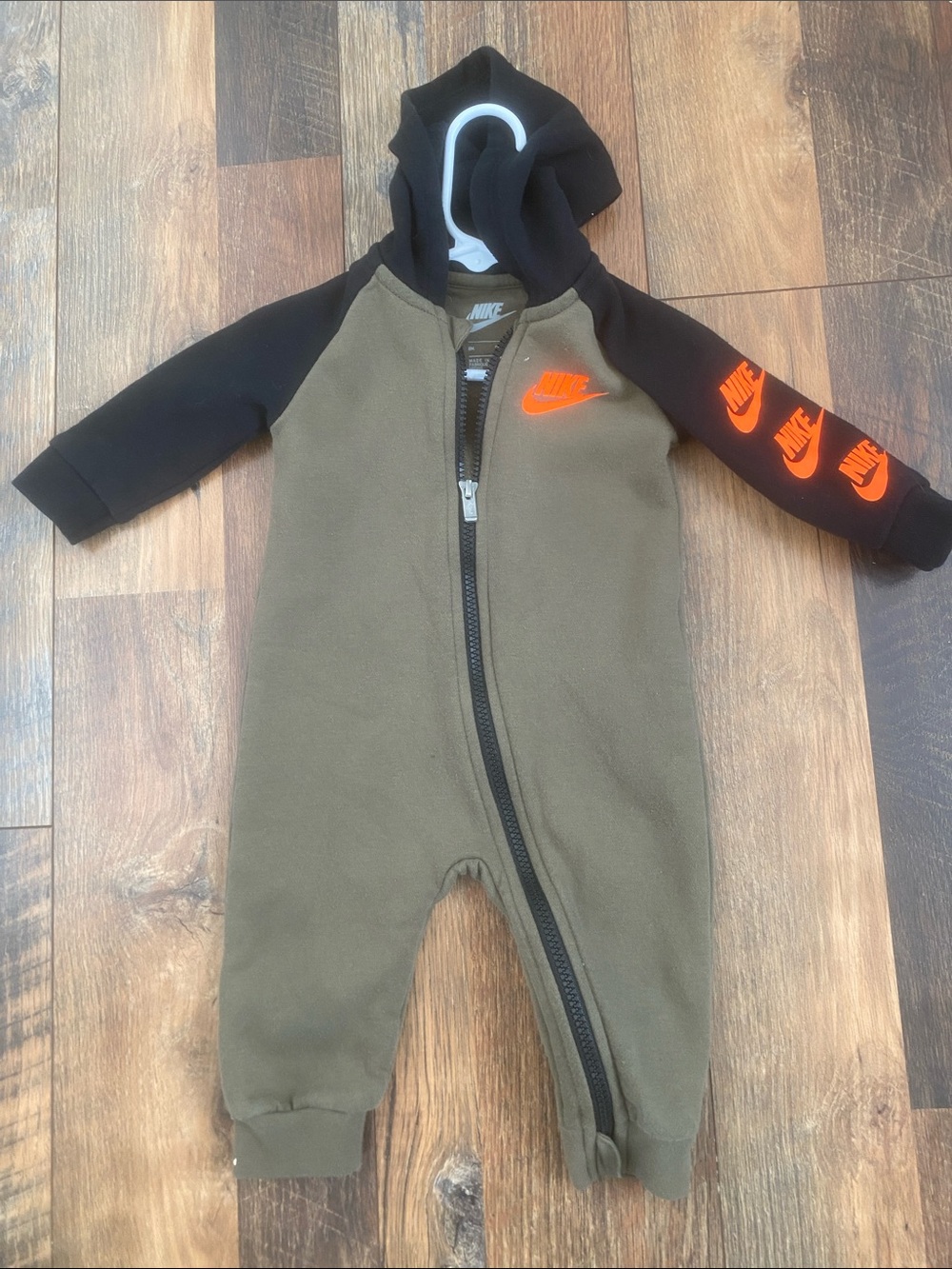 Nike Olive & Black Hooded Infant One-Piece with Bright Orange Logos